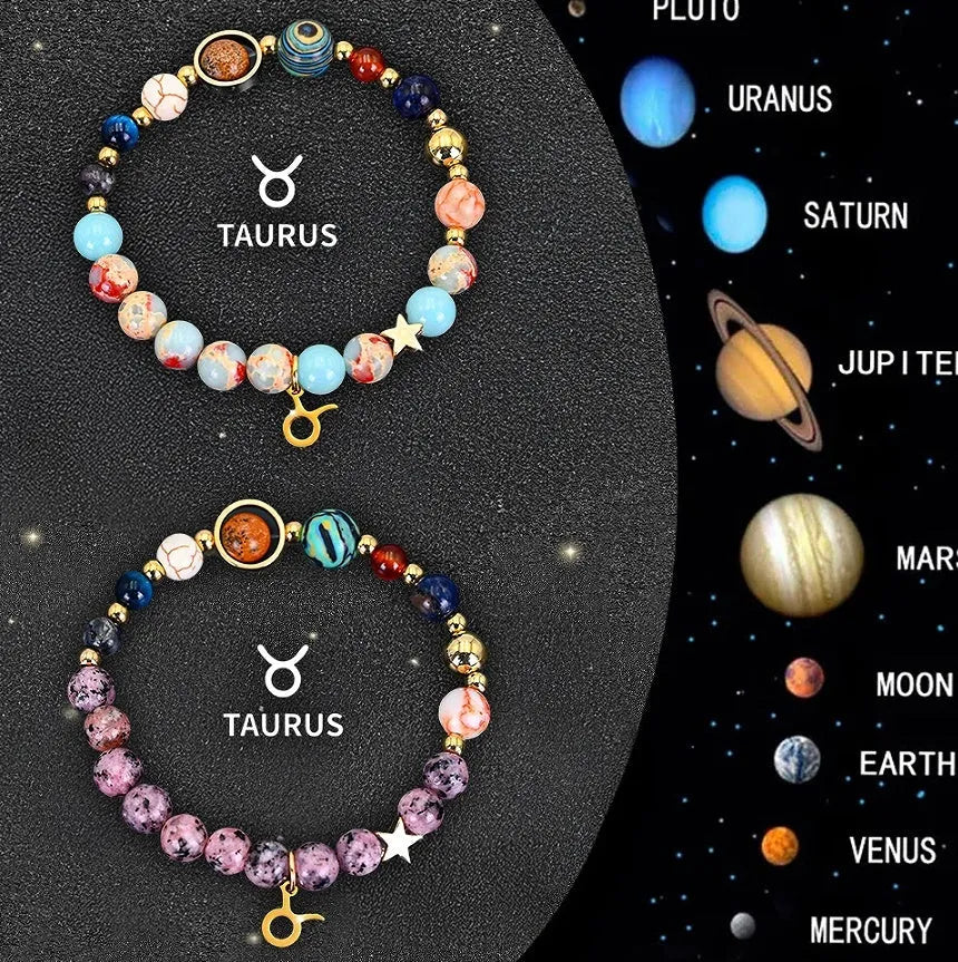 Twelve zodiac sign bracelets with natural stone beads and celestial charm pendants