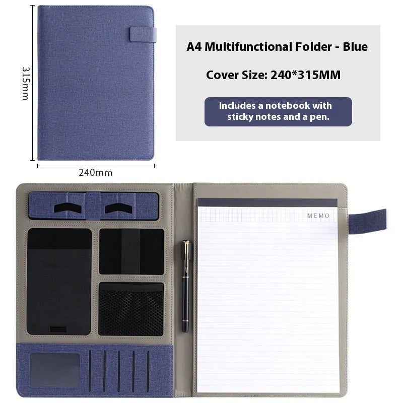 A4 leather business folder in black with pen and notepad options for office use