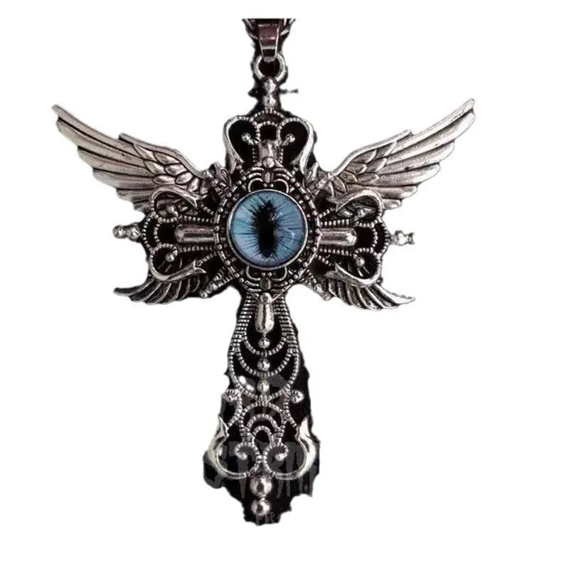 Close-up of a devil wings and cross geometric alloy pendant necklace on a chain.