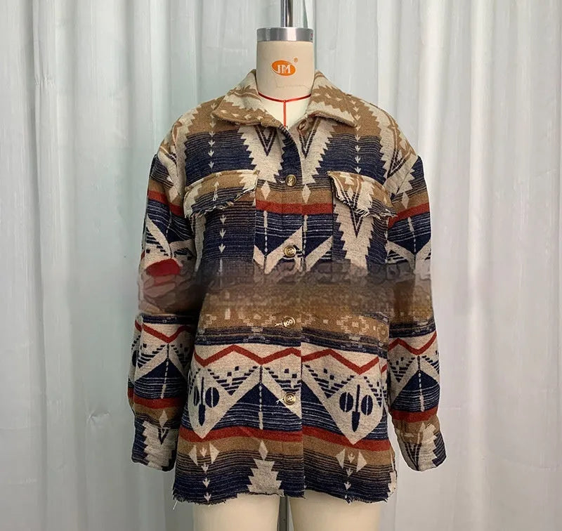 Women's retro style woolen jacket with Aztec print in sapphire blue, khaki, or army green colours