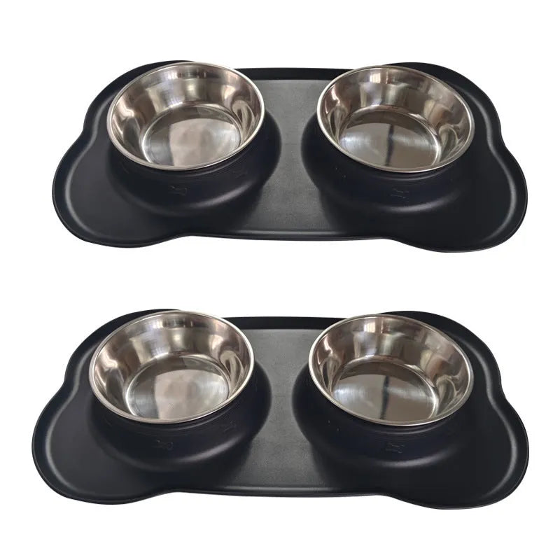 Large silicone double dog bowl with stainless steel food and water inserts in blue colour