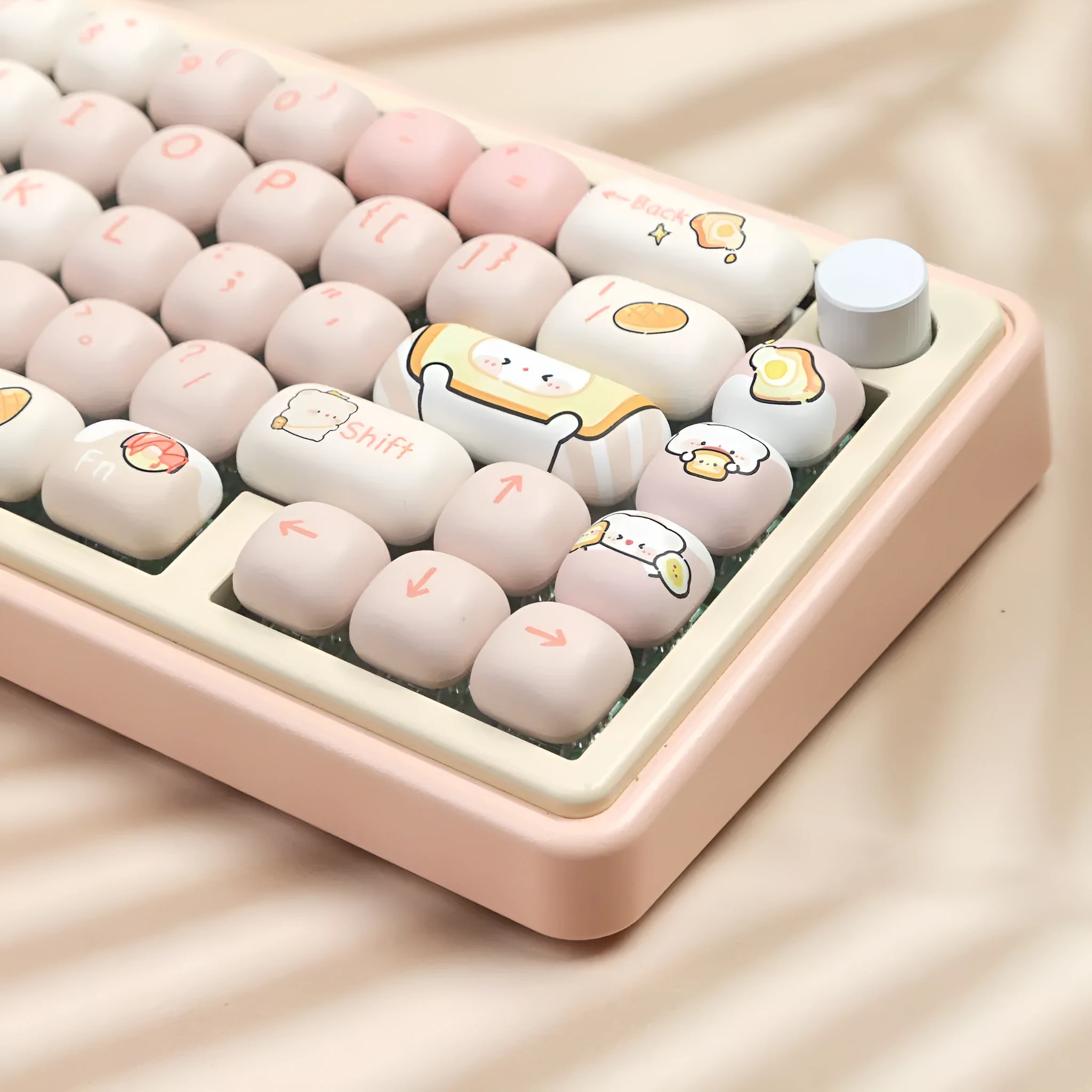 MOG Steamed Bread Bread Bear themed PBT keycap set for mechanical keyboards, showing colourful character designs.