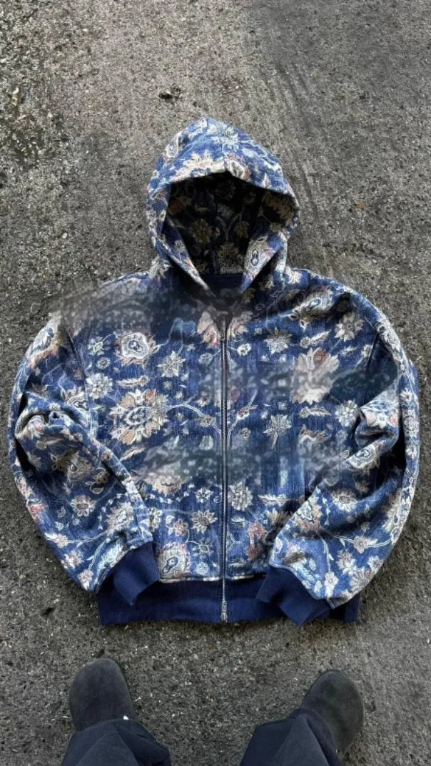 Men's blue hooded zip-up casual coat with loose fit and digital printing design