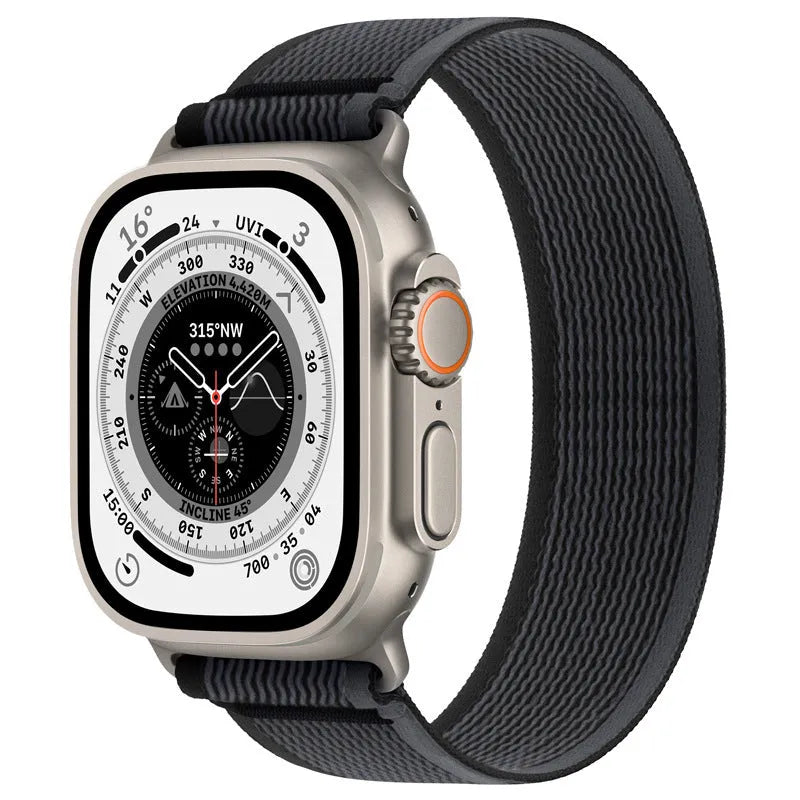Nylon single-ring watch strap for Apple Watch in multiple colour variations on a grey background.