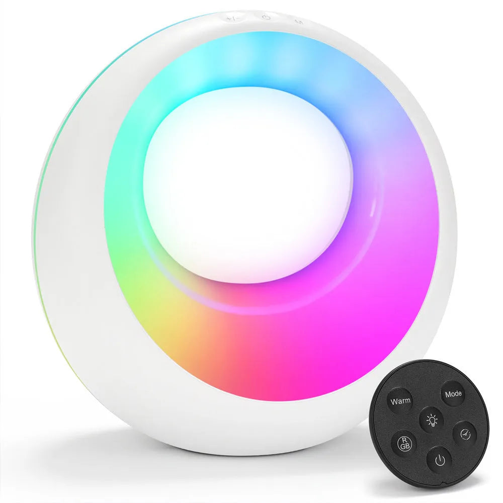 Creative Touch small RGB colour changing desk lamp with remote control on wooden surface