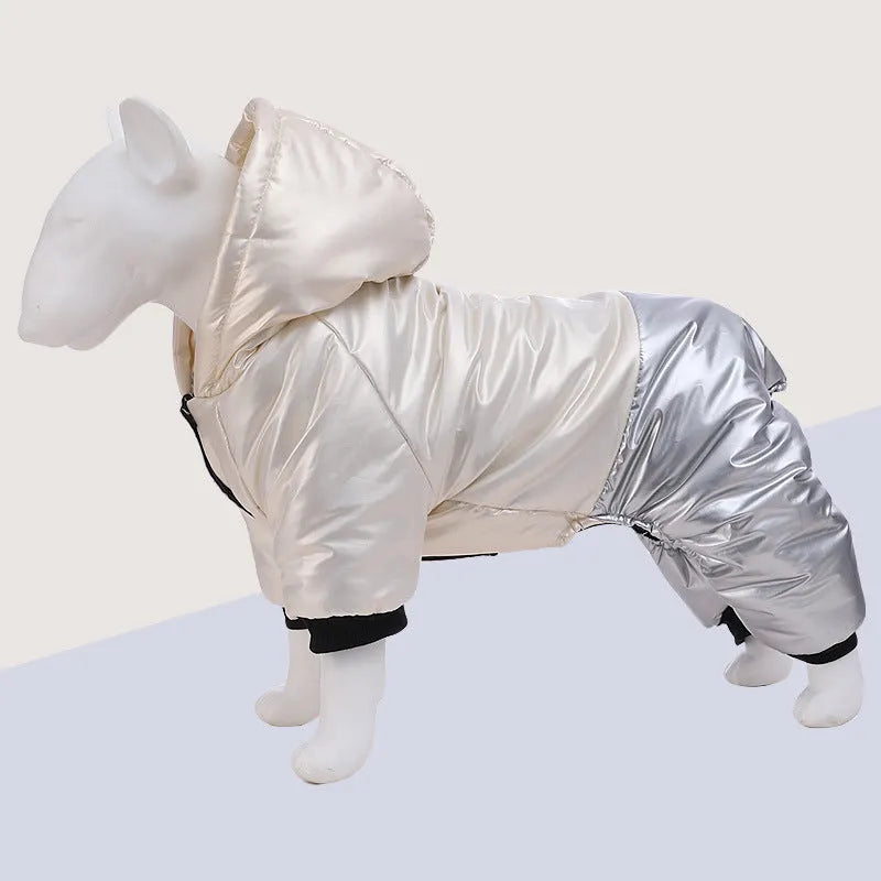 Green waterproof windproof dog winter coat with four-legged design and cotton construction