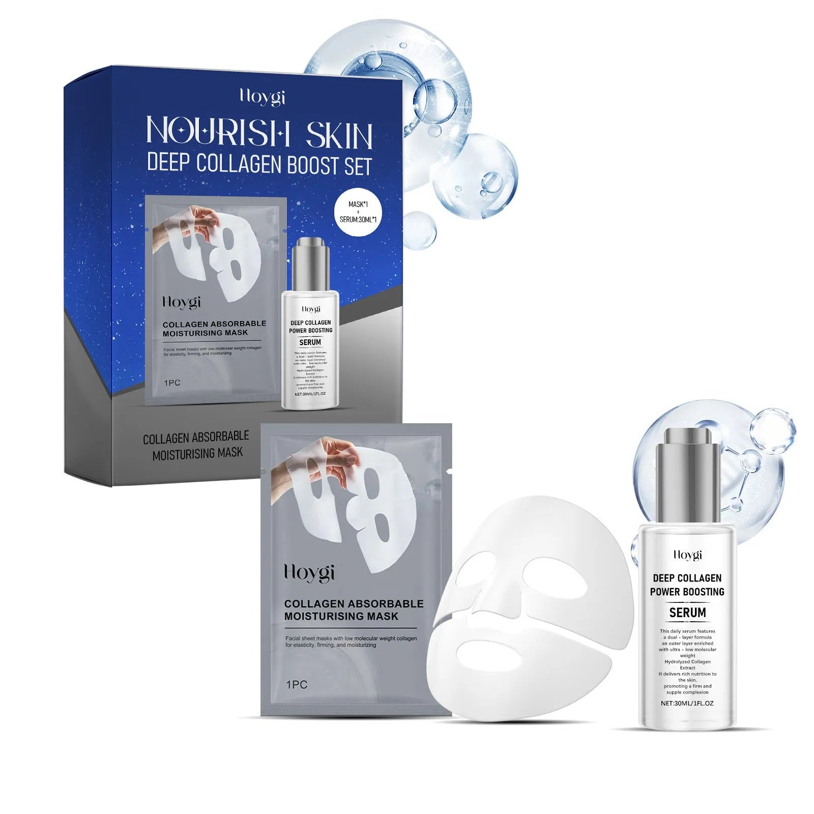 Collagen moisturising suit showing facial mask and 30ml essence bottle for skincare hydration