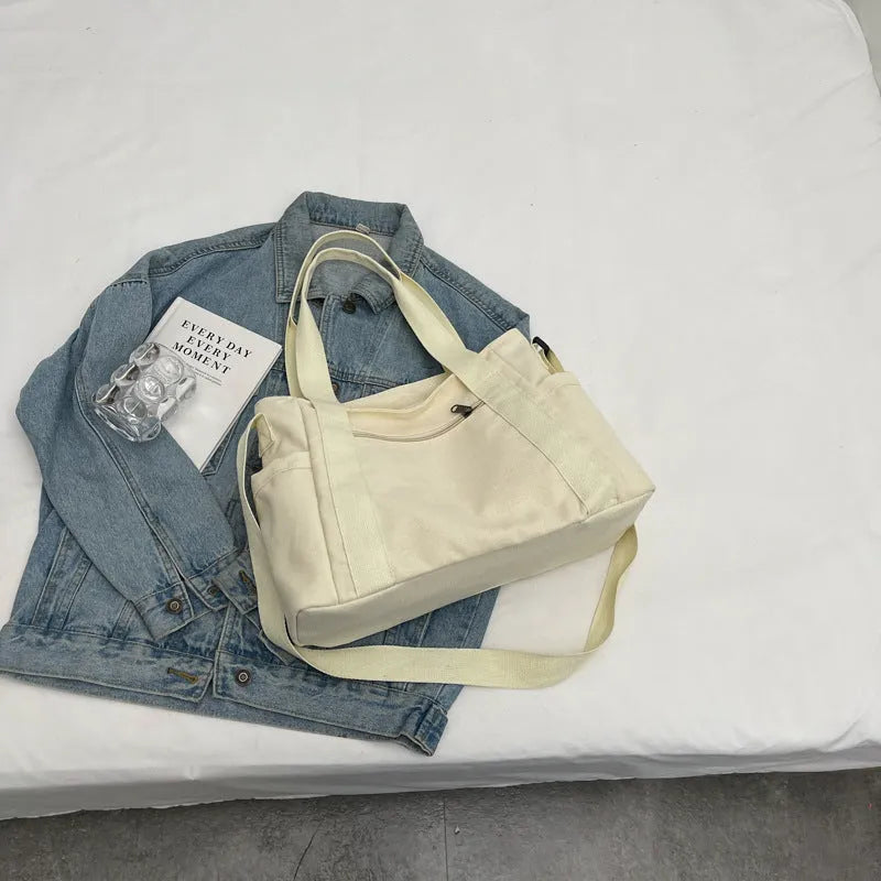 Large capacity polyester canvas tote bag with sandwich pocket and internal phone compartment