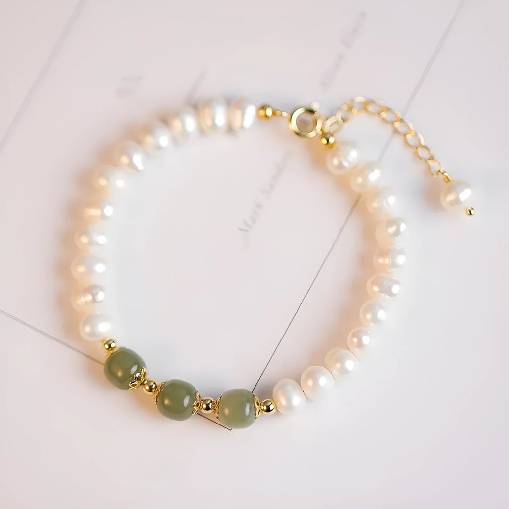 Korean style freshwater pearl bracelet with diamond-shaped electroplated beads in Hetian jade colour