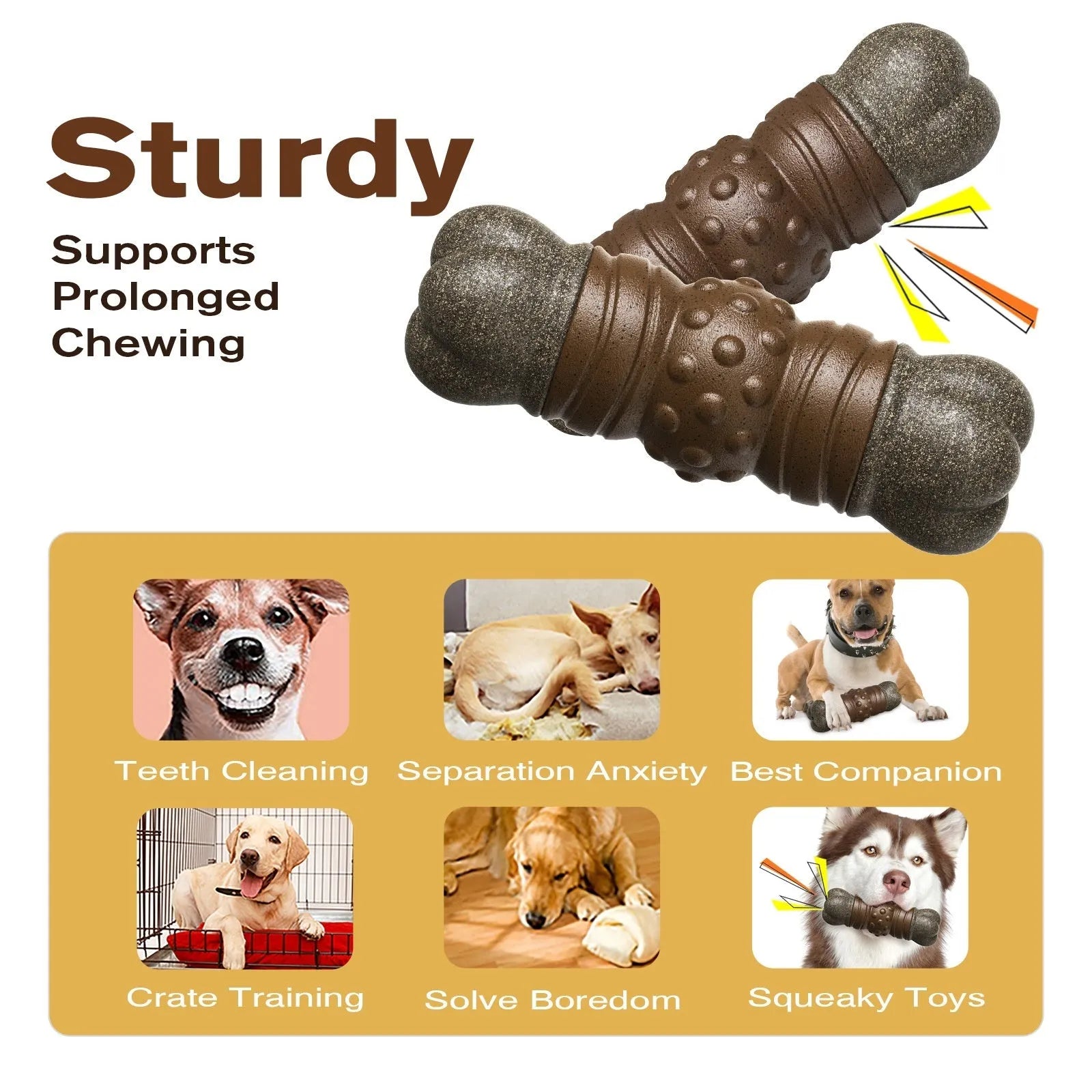 Wood coloured plastic sounding bone dog toy with integrated molar cleaning rod for dental hygiene