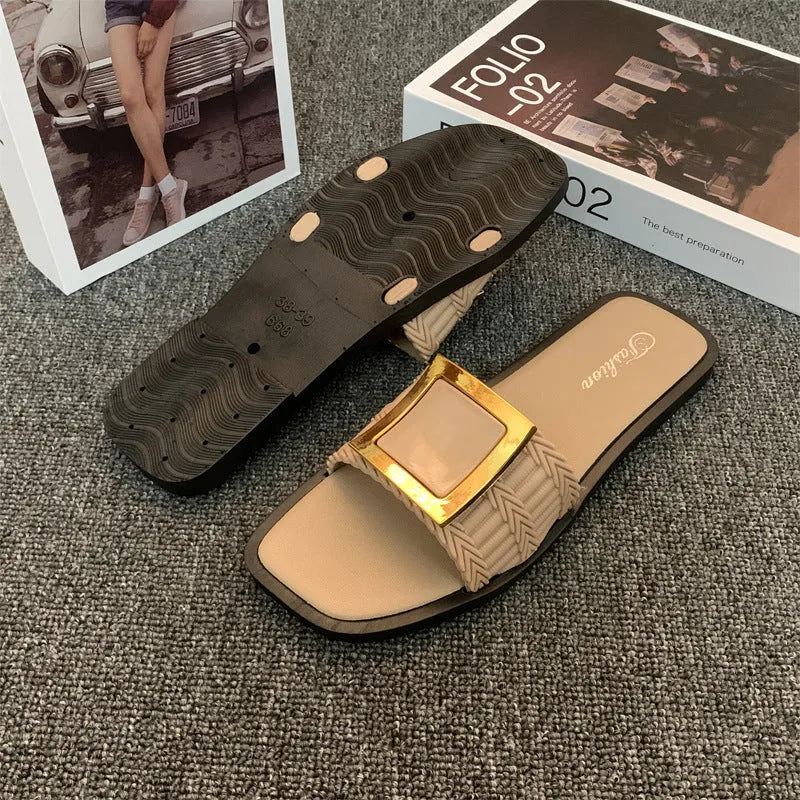 Women's flat summer slippers in apricot colour with PVC sole showing casual design