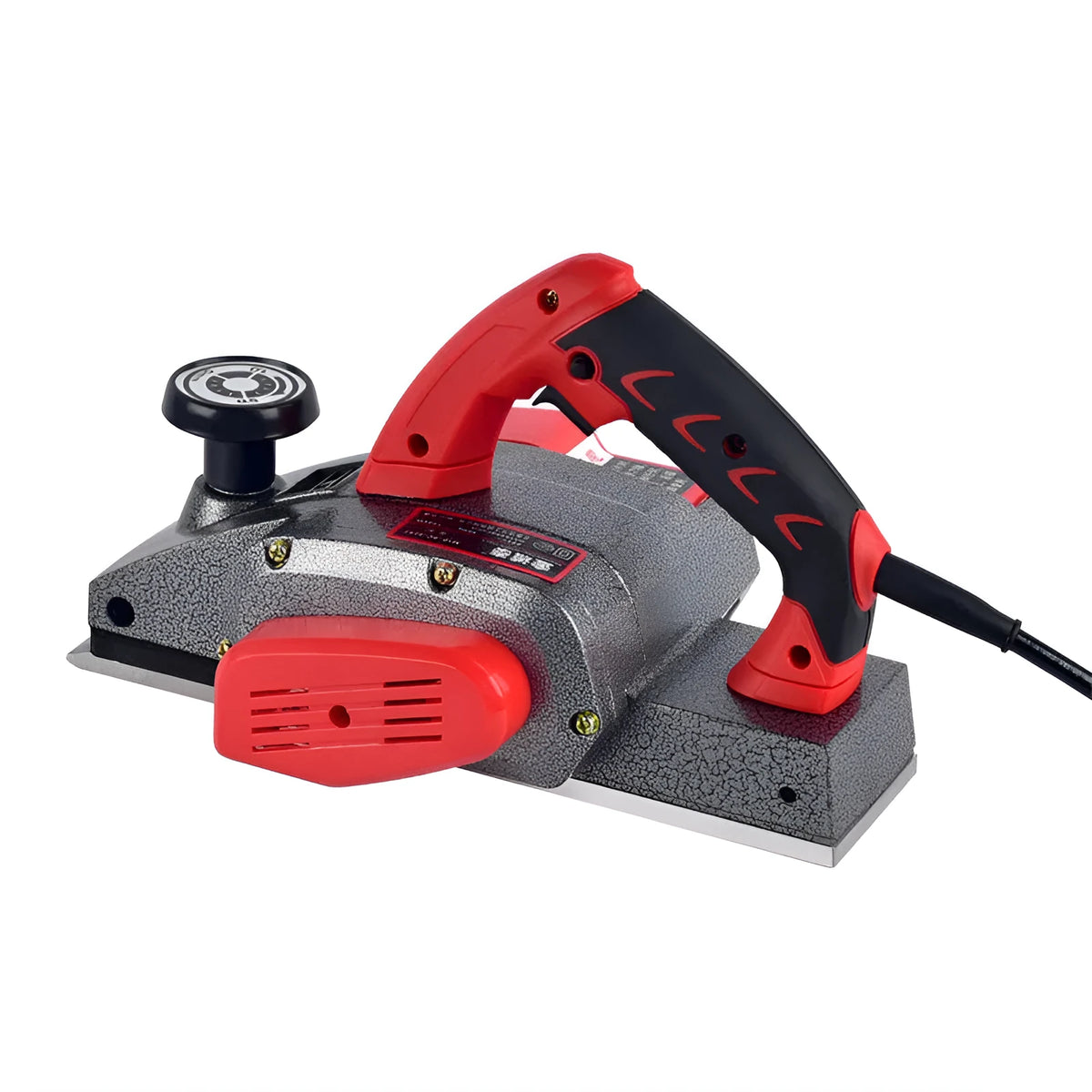 Red electric wood planer tool with aluminum shell showing 82mm planing width measurement