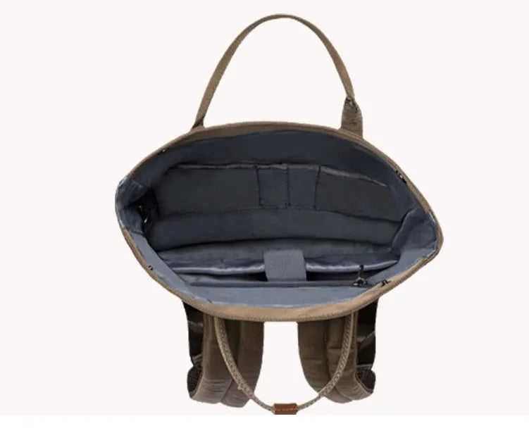 Men's casual polyester backpack in black, showing front view and open compartment with laptop pocket.
