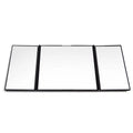 Silver car folding makeup mirror shown both closed at 15.5cm and open at 30.5cm wide.