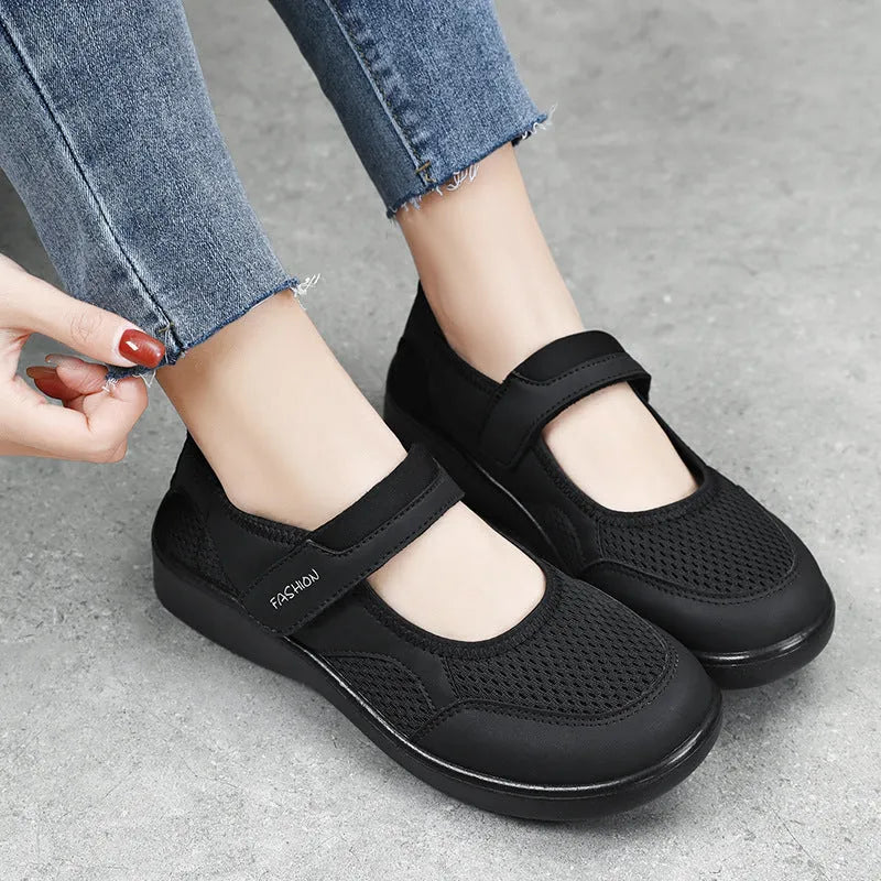 Women's low-top casual shoes in mesh fabric with Velcro strap, shown in multiple colours.