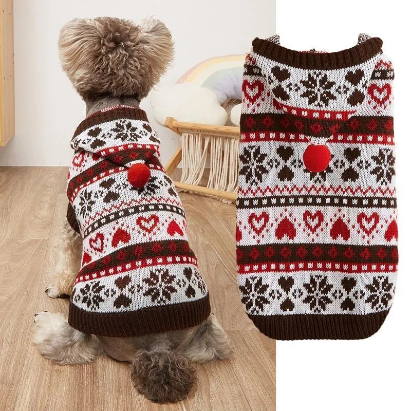 Pink striped camouflage dog sweater with snowflake design on a Bichon dog