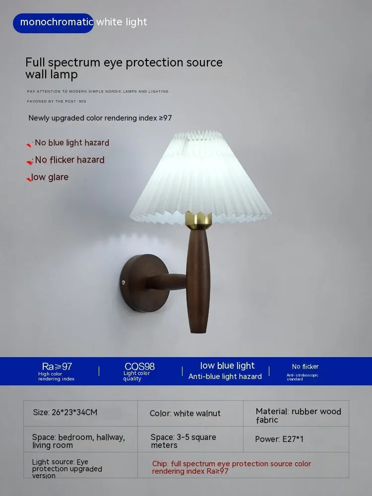 Retro wooden wall lamp with fabric shade in walnut or copper finish for bedside or living room