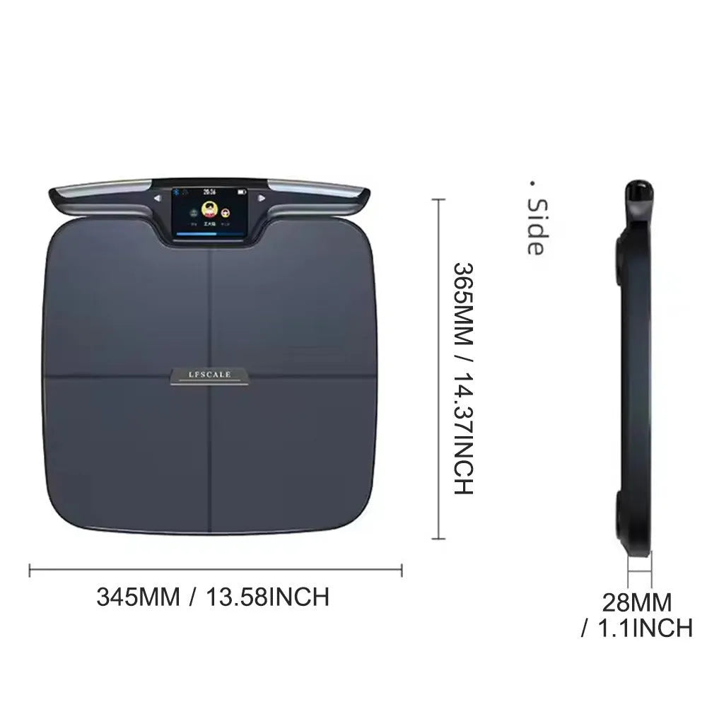 Black eight-electrode body fat intelligent weighing scale on a floor.