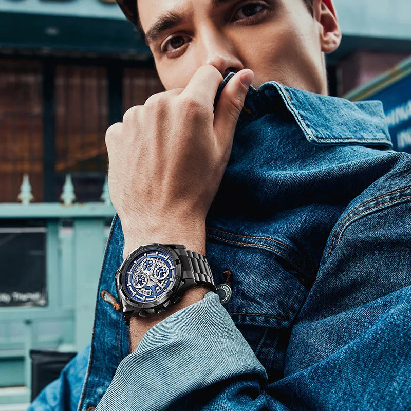 Men's waterproof quartz watch with luminous hands and steel band in black or silver case options