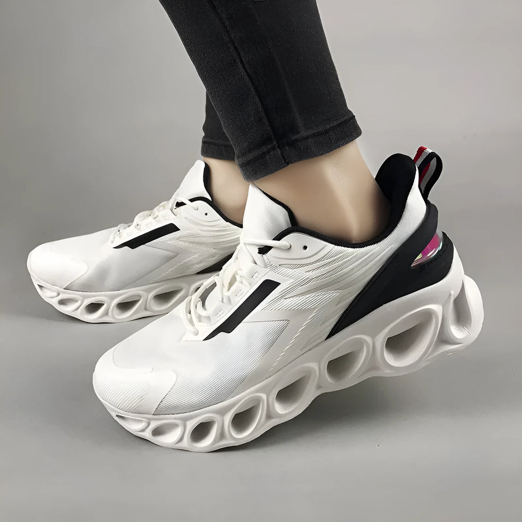 Men's breathable mesh sports shoes with low top design, EVA sole, and lace-up closure in black, white, or dark blue colors