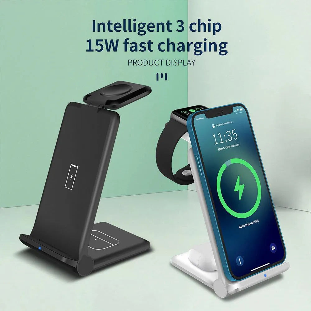 White 3-in-1 foldable wireless charging station charging an iPhone, Apple Watch, and AirPods case on a desk.