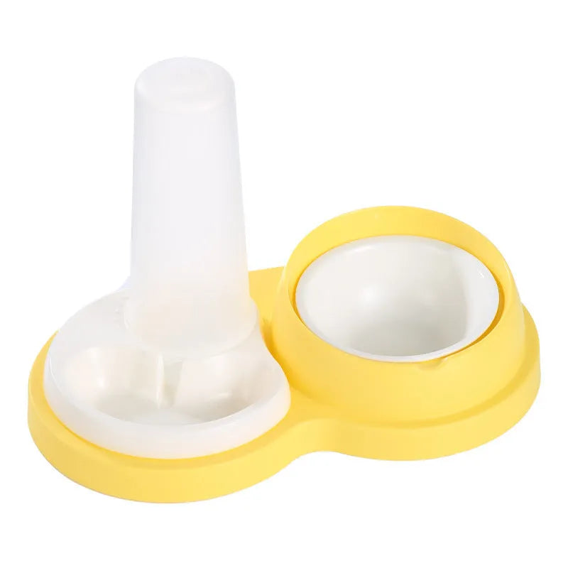 Grey and yellow pet dual feeding bowl with neck protection and non-slip design
