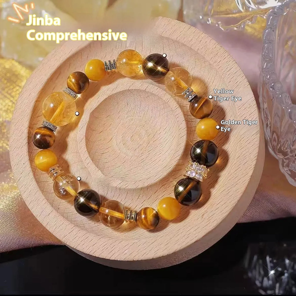 Natural yellow crystal bead bracelet with 10mm Jinba beads on wrist