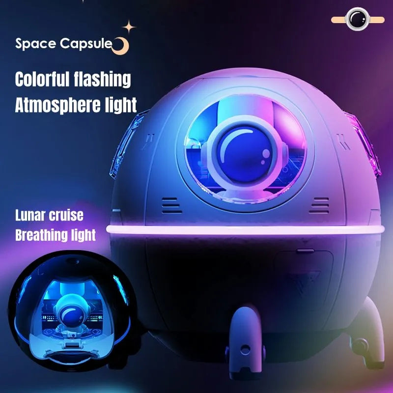 Astronaut-themed USB desktop humidifier with purple casing and colourful LED lighting