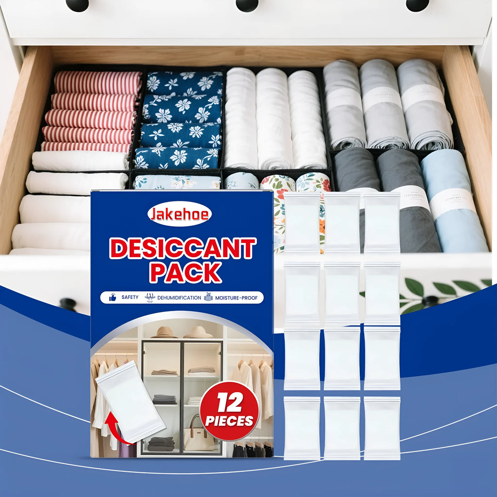 Pack of 12 white calcium chloride desiccant sachets for household moisture and odour control.