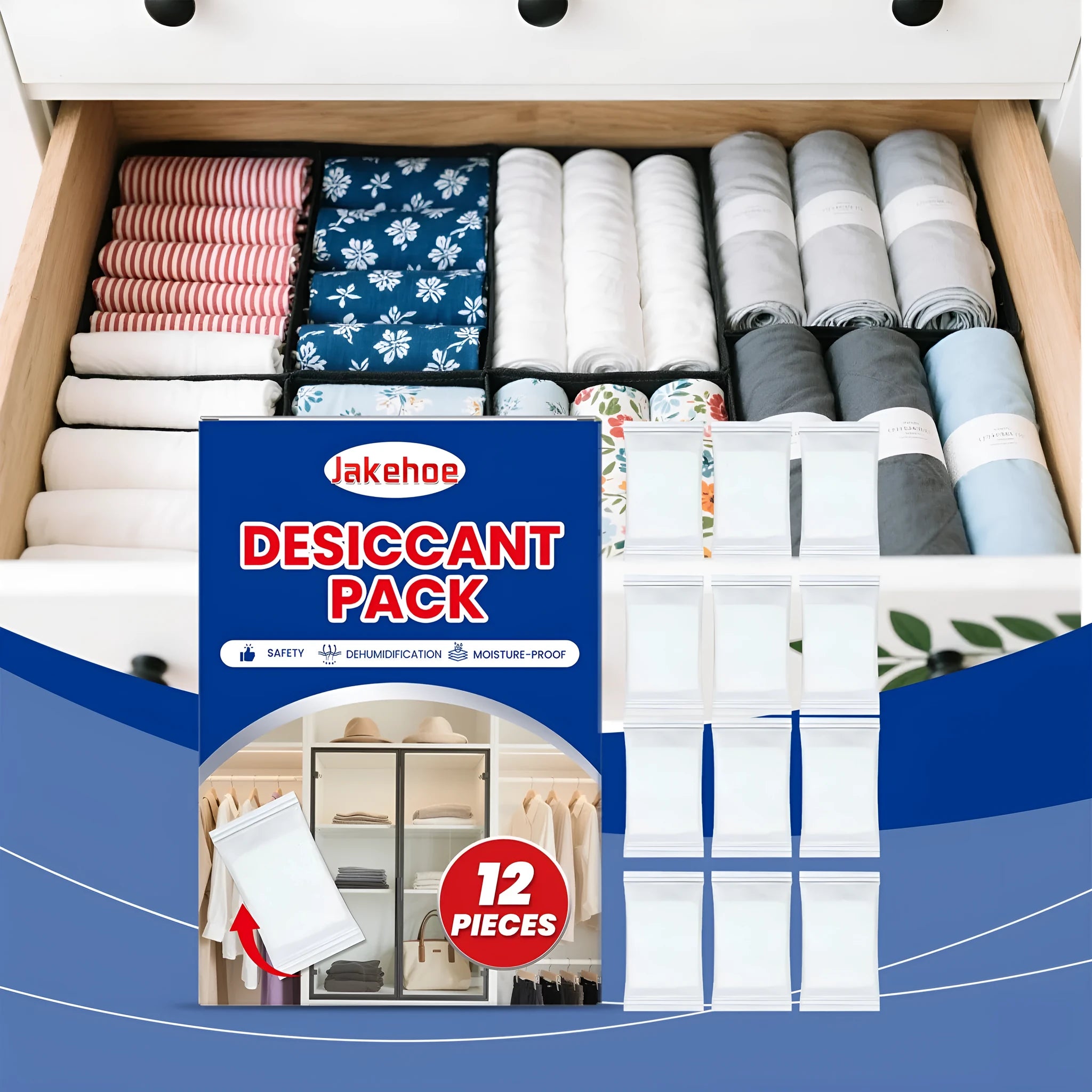 Pack of 12 white calcium chloride desiccant sachets for household moisture and odour control.