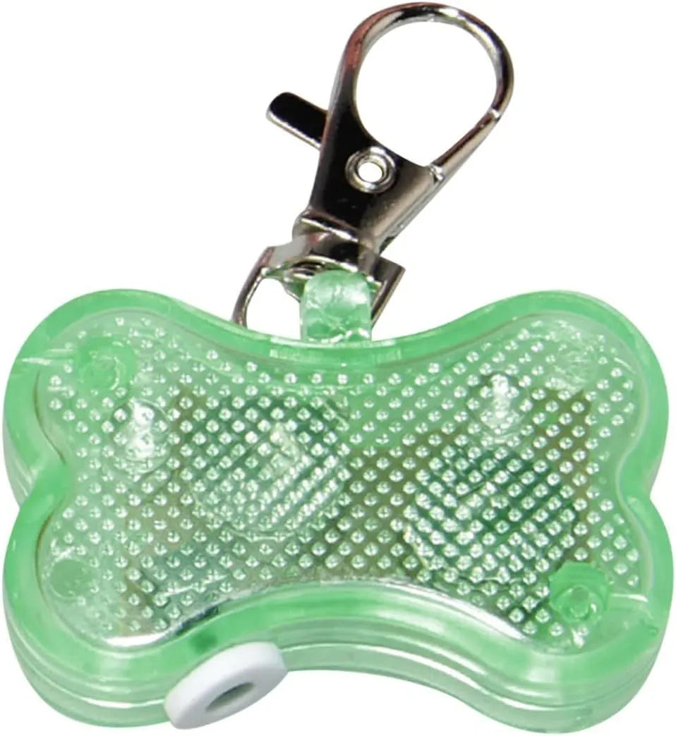 Plastic bone-shaped LED light pendant for attaching to a pet dog or cat collar.