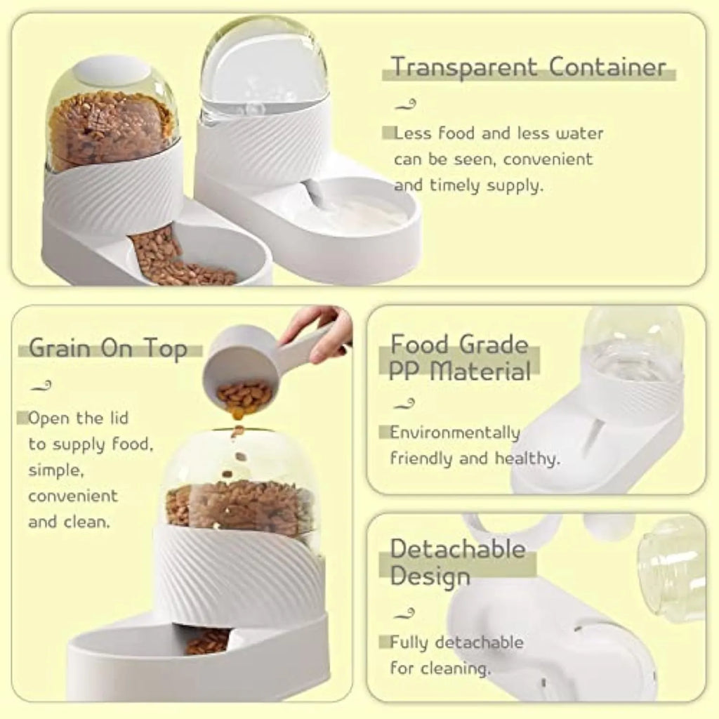 Pure white automatic cat feeder and water dispenser set with wave-shaped design.