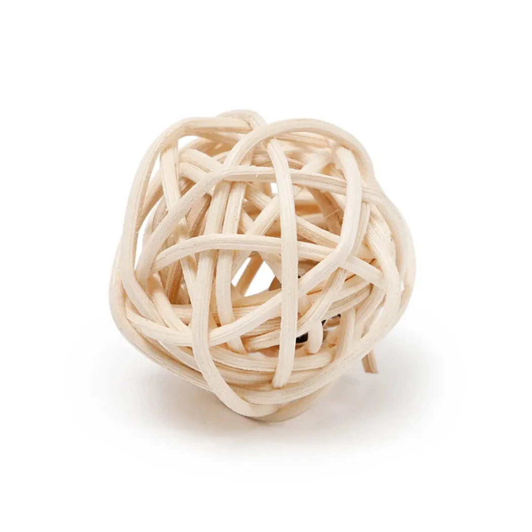 Two cat toys including a hollow rattan ball and a faux feather ball with bells for interactive kitten play