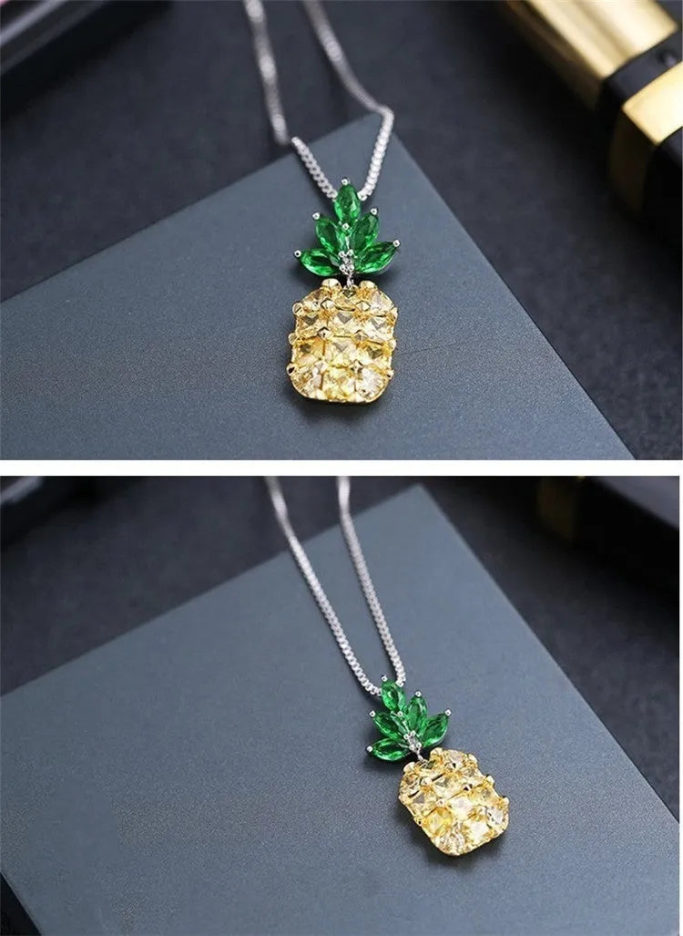 Korean fashion women's necklace with geometric pineapple fruit design and diamond elements in silver white gold colour