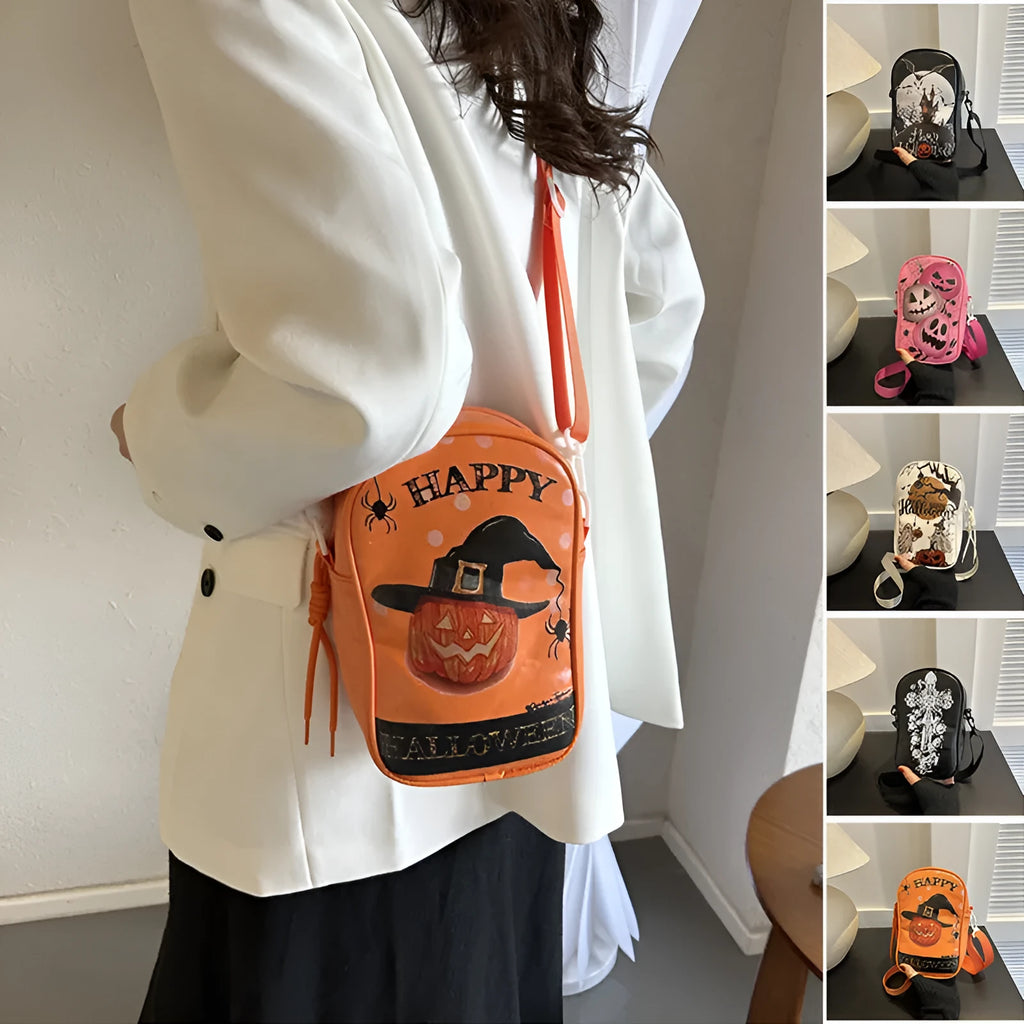 Halloween graffiti crossbody bag with pumpkin ghost bat print in black colour