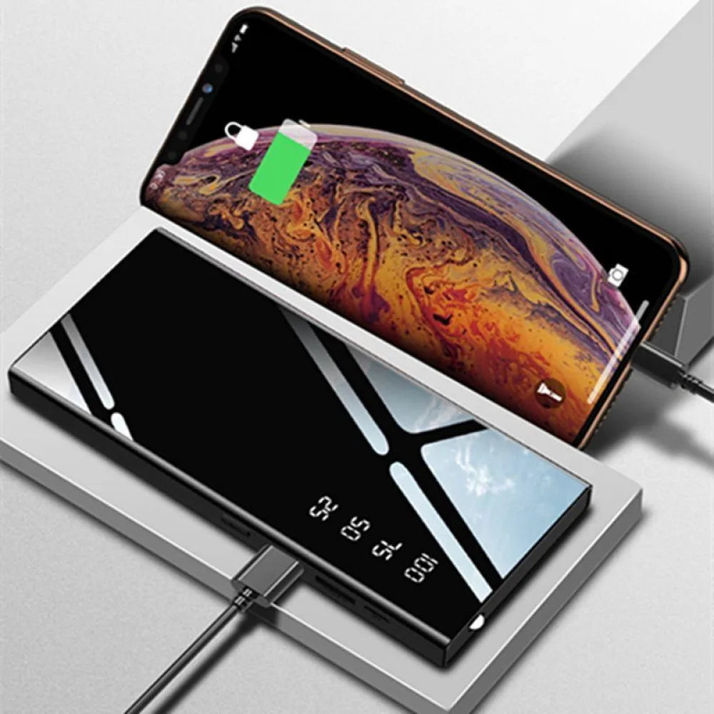 Black 20000mAh portable power bank with LCD screen and dual USB ports on a white background.