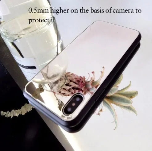 Black iPhone back cover case with a built-in mirror on the rear, compatible with multiple iPhone models.