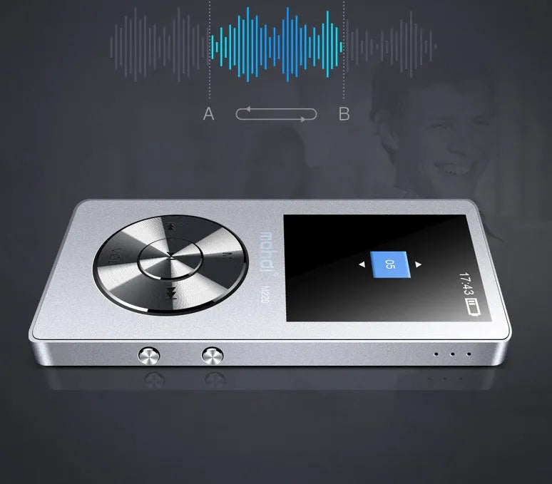 Gold metal MP3 player with 1.8-inch screen showing music playback interface