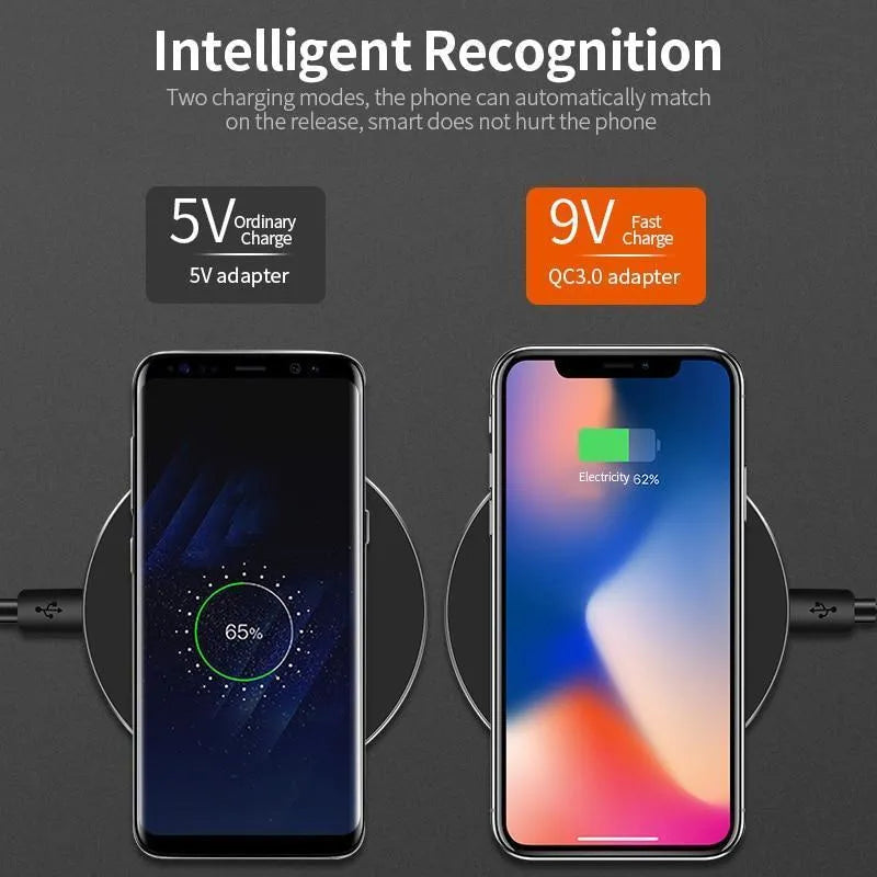 Ultra-thin black wireless charging pad with QI fast charge capability measuring 98x98mm