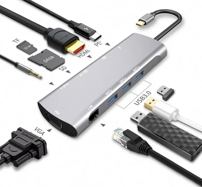 Grey aluminium USB-C docking station with HDMI, VGA, and USB ports