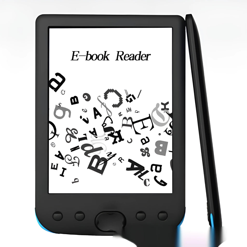 Black 6-inch E-ink e-book reader on a table showing its screen and compact size.