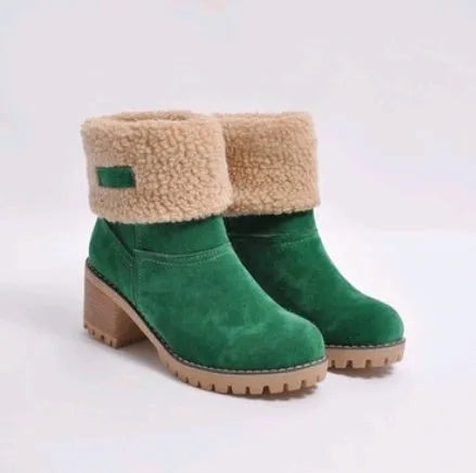 Women's mid-calf suede snow boots with a thick low heel in five colour options on a white background.
