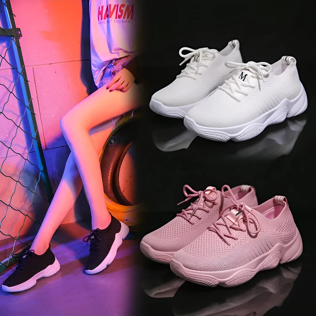 Women's white thick-soled sports shoes with woven mesh upper and front adjustable strap.