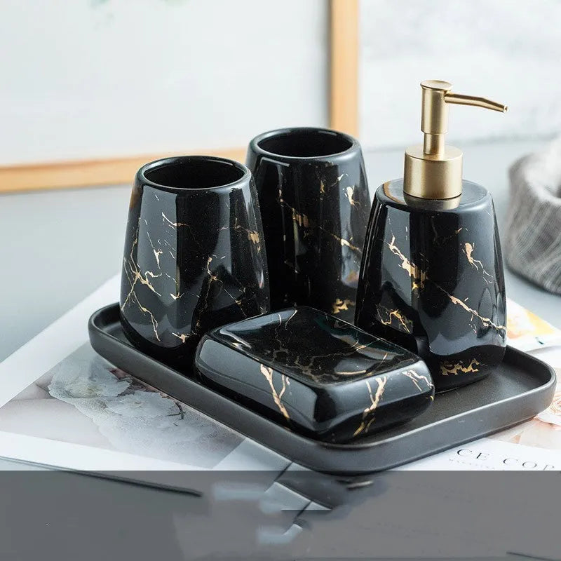 Ceramic bathroom wash set in black, blue, or white with a smooth porcelain finish and light luxury decal styling.