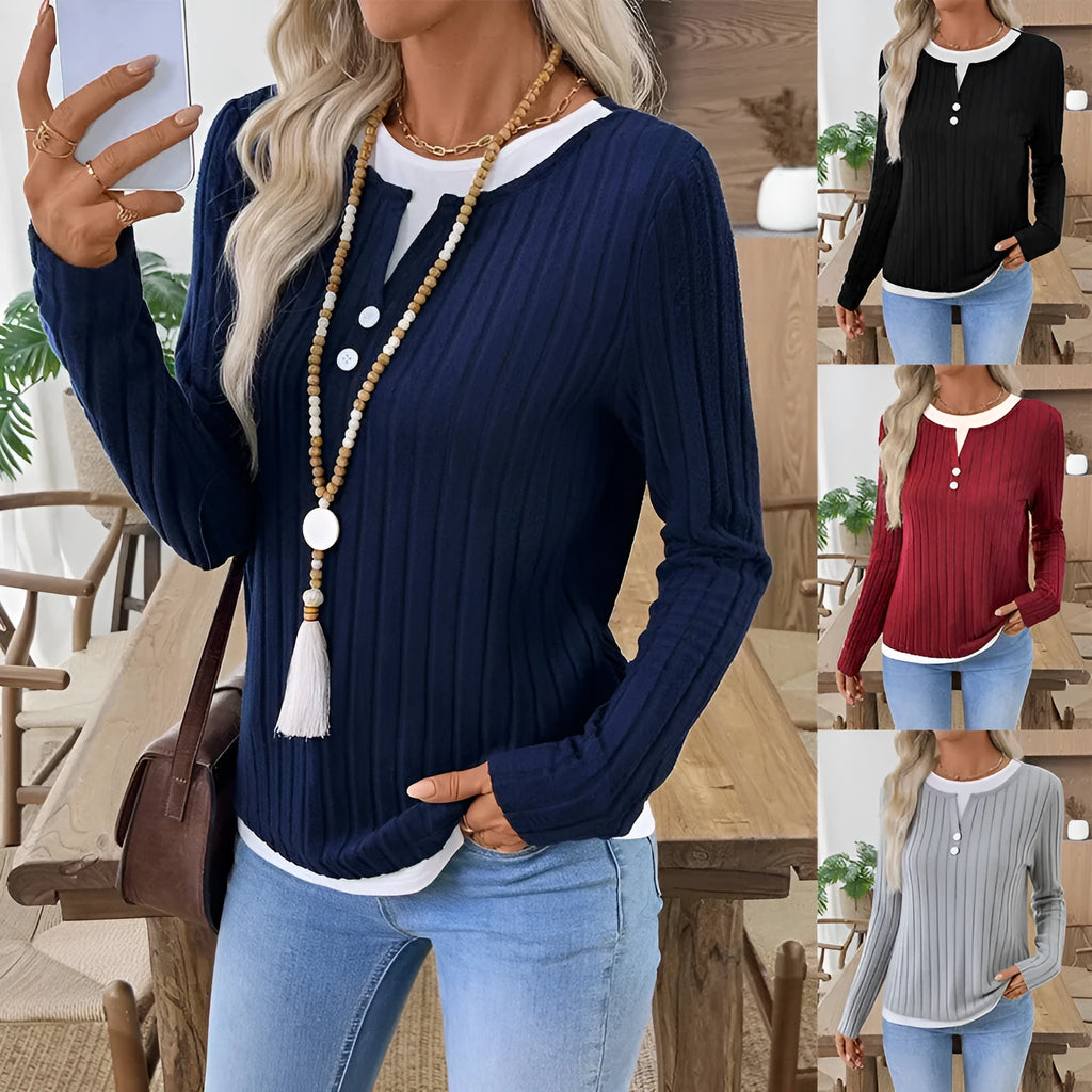 Women's fake two-piece pullover sweater with concave stripe polyester fabric and grinding texture pattern