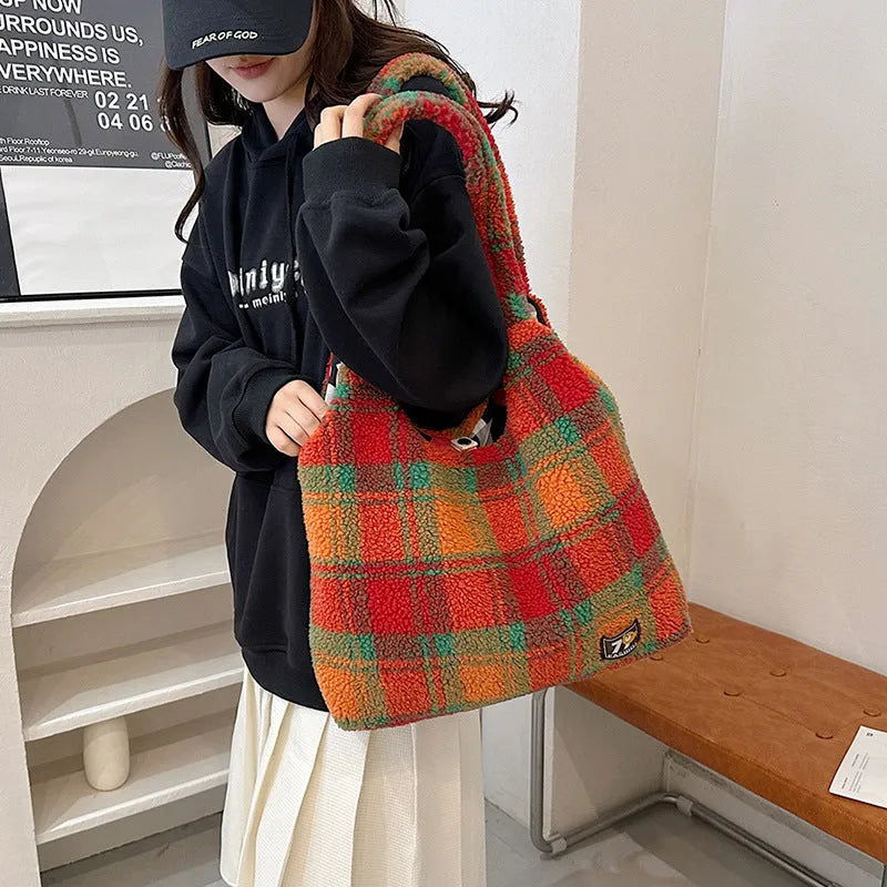 Women's army green plush plaid crossbody tote bag with sandwich pocket and large capacity
