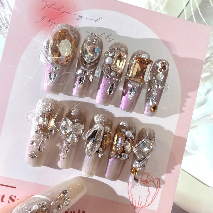 False nail patches with rhinestone designs and flash finish in card packaging
