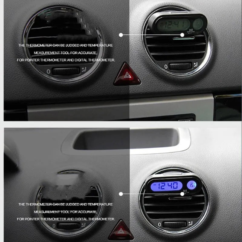 Black digital car clock and thermometer with LED display on adjustable stand
