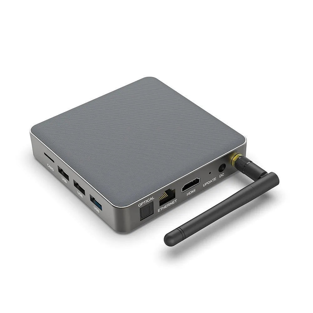 Bluetooth Android set-top box with 8K output support and compact 105mm square design