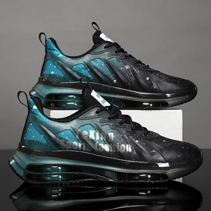 Men's black and green mesh platform sneakers with a rubber sole and lace-up front.